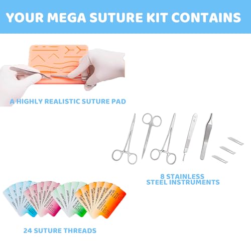 Chirurgisches Nahtset: 24* Nahtmaterial+Suture Practice Kit, Silikon-Nähkissen mit Werkzeugsatz, Wundnaht Übungsset, Nur zu Bildungszwecken,Chirurgisches Nahtset mit realistischem Pad