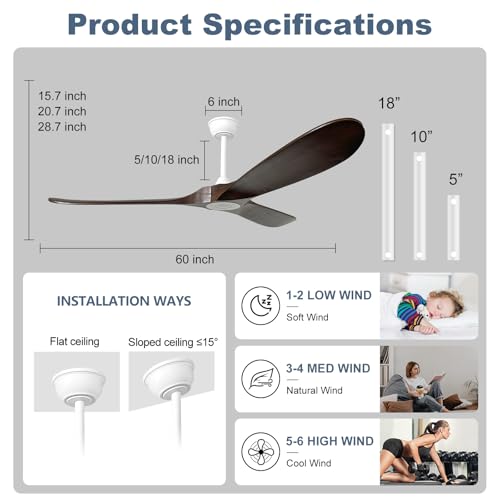 Image of 60 inch Ceiling Fan without Light,3 Solid Wood Blades Dark Walnut Finished,Outdoor Ceiling Fan for Living Room,Patio,Porch(White+Dark Walnut)