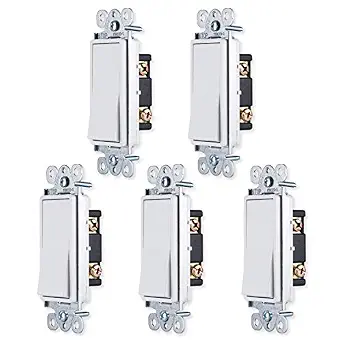 GE In-Wall Single Pole Paddle Rocker Switch, White, 5 Pack