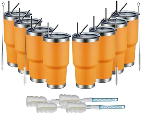 MEWAY 30oz Insulated Tumbler With Lids and Straws,Stainless Steel Double Vacuum Coffee Tumbler Cup, Brush, Durable Powder Coated Coffee Cup for Cold & Hot Drinks, Office, Travel(Orange,8 PACK)
