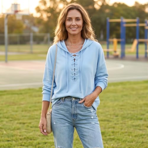 Lace Up Hoodie for Women Long Sleeve Casual Loose Fit Pullover sweatshirt | Womens Hoodie, Drop Shoulder, Business Casual, Oversized Sweatshirts, Fall Outfits 2026, Going Out Tops, Vacation, Travel — view 3