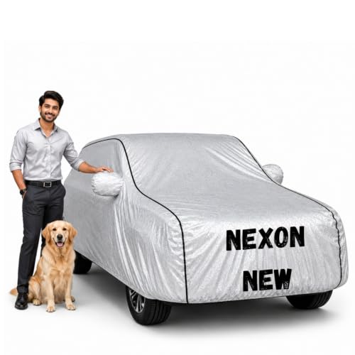 Image of Waterproof Car Cover for Nexon New | Soft Cotton Lining Heavy Duty Triple Stitched Heat Resistant Outdoor Cover Comes with Mirror and Antenna Pocket Full Bottom Elastic (Zig Zag Silver)