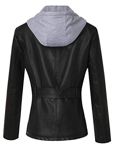 Jhichic Women's Motorcycle Belted Faux Leather Jacket Detachable Hooded Pu Biker Coat Outerwear (Black, Xl) #TOP1