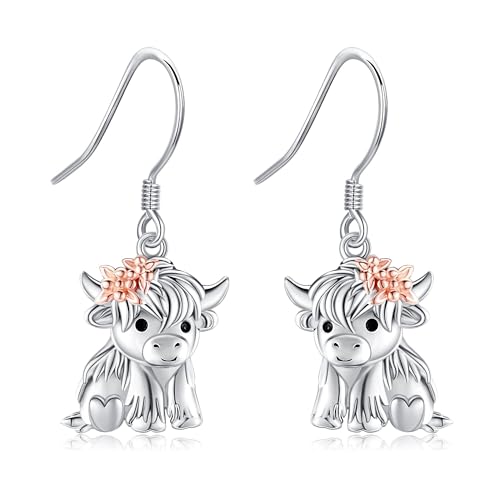 Boucles d'oreilles vache Highland en argent sterling S925 pour femme pendantes