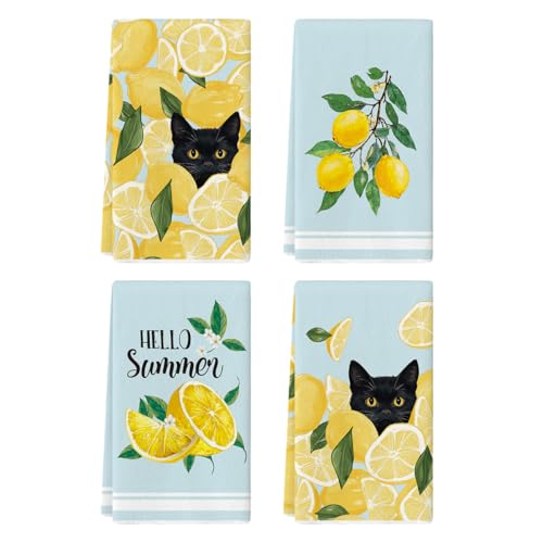 Artoid Mode Lot de 4 torchons de cuisine d'été en polyester - Motif chat noir - 42 x 65 cm