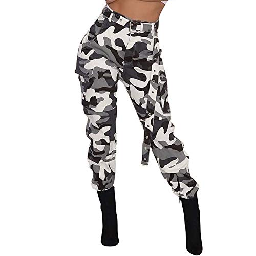 VANGULL Women's Camoflage Camo Jogger Pants High Waisted Camo Cargo Pant Workout Sweatpants with Belt Gray Small