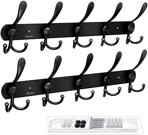 ANEDER Coat Rack Wall Mount Wall Hooks Hat Rack Adhesive Wall Hooks Rail Heavy Duty Wall Rack with 5 Tri Hooks for Coat Hat Towel Purse Robes (Black, 2 Packs)