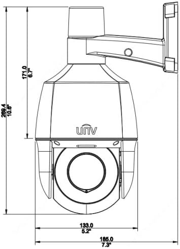 Technical drawing showing dimensions of the Uniview PTZ Dome Camera in inches and millimeters.