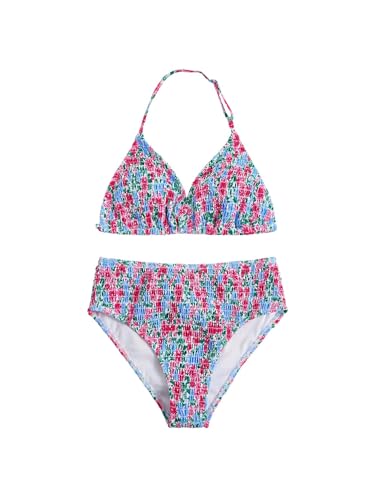 Image of RoseSeek Girl's Tie Dye Smocked 2 Piece Swimwear Sets Backless Halter Bikini Cute Brief Bathing Suit