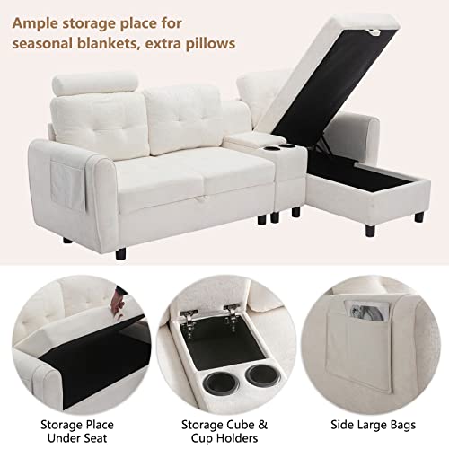 Neylory Convertible Sectional Sofa Couch, Tufted 3 Seat L Shaped Couch With Cup Holders & Storage, Modern Sleeper Sectional Sofa For Living Room, Apartment, Office(White) #TOP3
