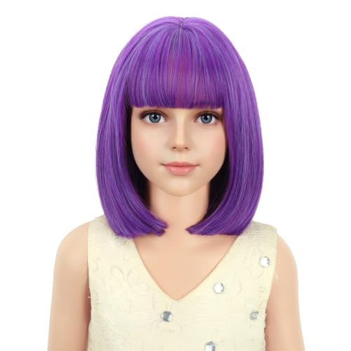 Image of PATTNIUM Dark Purple Bob Wig for Kids Child Short Dark Purple Wigs with Bangs Cosplay Party Synthetic Rose Net Daily Wear Wigs