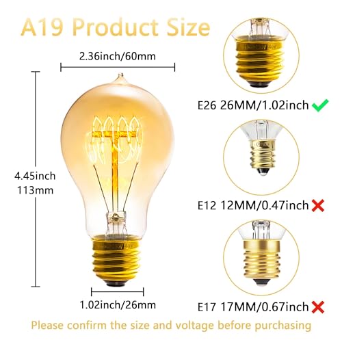 Sevici Edison Bulb, A19 Bulbs 6 Pack, Retro Style Incandescent Light Bulbs,Dimmable 120V 40W Antique Vintage Light Bulb, 240 Lmens E26 Base, Amber 2200K Warm White Light, for Home Office Desk Lamp