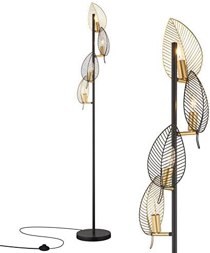 WOXXX Industrial Black Floor Lamp with 4 Brush Gold Finish Leaf Shade, Modern Tree Floor Lamps for Living Room Bedrooms Reading Standing Lamp Living Room Lamps Farmhouse Tall Lamp (4 Bulbs Included)