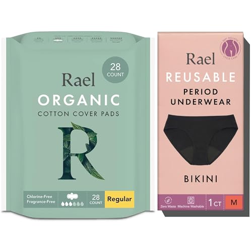 Rael Bundle - Organic Cotton Cover Sanitary Pads (Regular, 28 Count) & Period Cotton Underwear for Women (Bikini, Medium)
