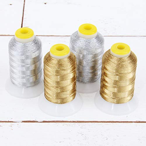 Threadart 4 Cones Metallic Embroidery Thread Set | 500 Meter Cones (550 Yards) | Gold And Silver Colors | For Machine Embroidery #TOP28