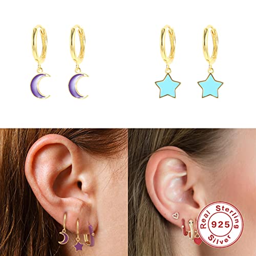 Boucles d'oreilles lune étoile en argent 925 et émail - 2
