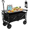 BLKMTY Folding Wagon, Collapsible Cart Utility Camping Park Wagon with Aluminum Table Plate, Garden Cart Folding Collapsible Beach Wagons with Wheels for Camping Picnic, Black