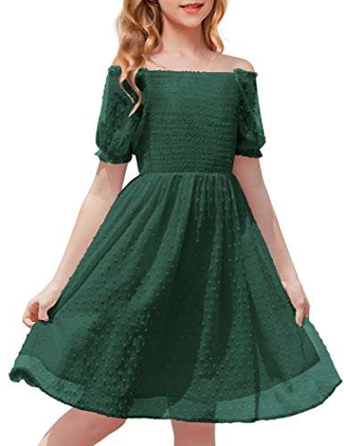 Arshiner Girls Square Neck Swiss Dot Chiffon Dress Off Shoulder Flounce Puffy Lantern Sleeve Shirred Bodice Midi Boho Flowy Fairy Dresses Dark Green 13-14 Years #TOP24