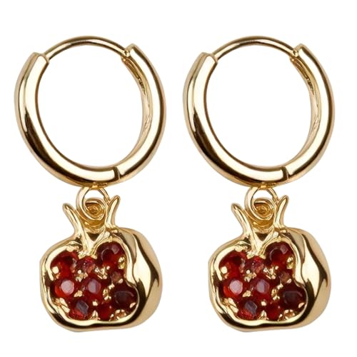 Gold Plated Pomegranate Hoop Earrings for Women,Elegant Cubic Zirconia Inlaid Copper Earrings,Irregular Steric Red Pomegranate Fruit Pendant Earring,Vintage-Inspired Statement Jewelry Gifts for Her