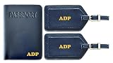 Personalized Monogrammed Navy Leather RFID Passport Cover Holder and 2 Luggage Tags