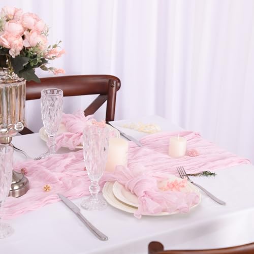 Plobeca 6PC Light Pink Cheesecloth Table Runner Boho Gauze Chiffon 120 Inch 10FT Table Runner for Wedding Decorations — view 6