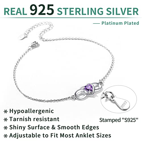 Chicsilver Heart February Birthstone Infinity Anklet For Women 925 Sterling Silver Simple Dainty Ankle Bracelet Summer Beach Jewelry #TOP4