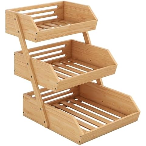 CROWNSHOP 3-Tier Bamboo Fruits Basket Fruits Bowl Holder Bread Basket Vegetable Fruits Holder Organiser Cover