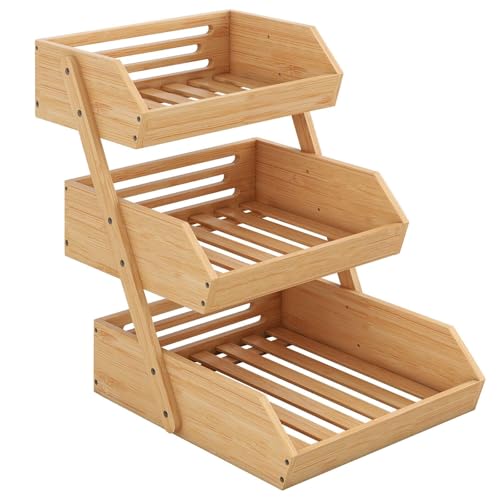 CROWNSHOP 3-Tier Bamboo Fruits Basket Fruits Bowl Holder Bread Basket Vegetable Fruits Holder Organiser for Kitchen Home Decorative Storage