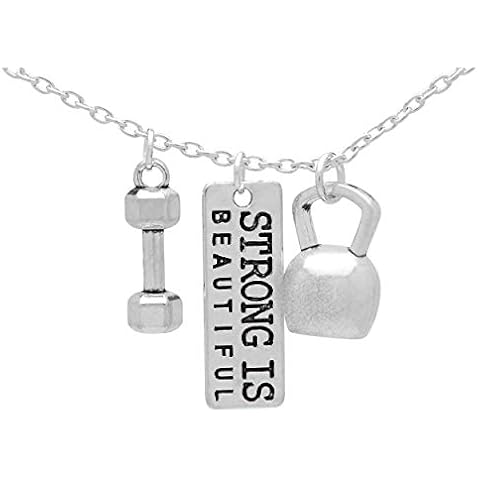 Art Attack Strong Is Beautiful Workout Gym Chain Necklace, Barbell Dumbbell Weight Exercise Victorious Brave Smart Wonderful Pendant Charm (Silver) Cover