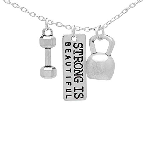 Art Attack Strong Is Beautiful Workout Gym Chain Necklace, Barbell Dumbbell Weight Exercise Victorious Brave Smart Wonderful Pendant Charm (Silver)