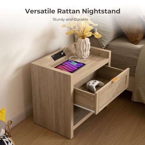 SICOTAS Rattan Nightstands Set of 2 Bedside Table - Boho Night Stand with Type-C Charging Station, Wicker Decor Drawer Storage End Table Night Stands for Bedroom - Light Oak