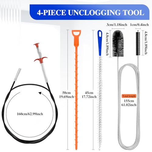 Redamancy 4 Stück Abflussreiniger Spirale, Drain Cleaner, Abflussreiniger Sticks, Abflussbürste, Flexible Reinigungsbürste, Verstopfungsentferner für Kanalisation, Küche, Bad, Dusche, Toilette