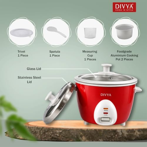 Image of DIVYA 0.6 L Drum Electric Rice Cooker for Home | 300 W | Double Pot Anodised Aluminium | Glass & Stainless Steel Lid | Cook & Keep Warm Function | Compact Rice Cooker | Red