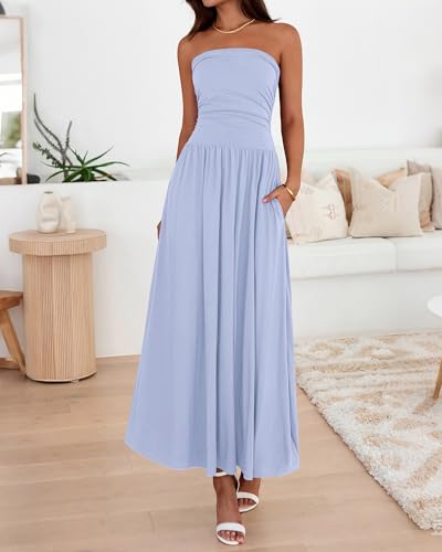 BTFBM Summer Maxi Dresses for Women 2026 Strapless Ruched Tube Top Beach Vacation Spring Wedding Guest Dress Pockets(Light Blue, Small) — view 4