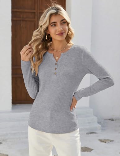 Zeagoo Waffle Knit Tops for Women 2026 Fall Basic V Neck Blouses Dressy Casual Long Sleeve Tunic Tops 2XL Light Grey — view 2