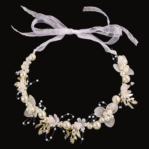iHUFeather Pearl Headband Bridal Hair Accessories Weddings for First Communion(Golden)