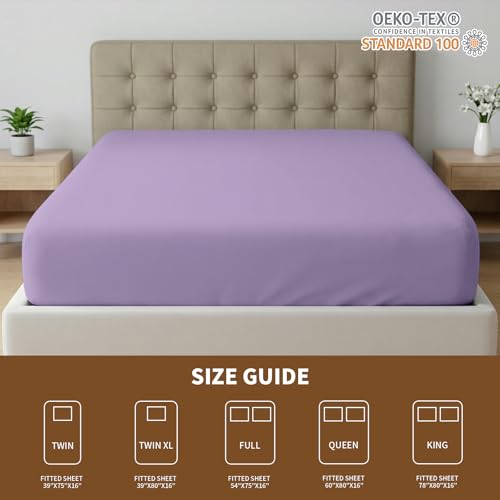 Image of HBHLFZ Full Fitted Sheet Only, Soft Breathable Bottom Sheet - 54 inchx75 inch Deep Pockets Full Size - 100% Polyester, All Around Stretch Fit, Wrinkle Resistant, Colorfast - Easy Care, Light Purple