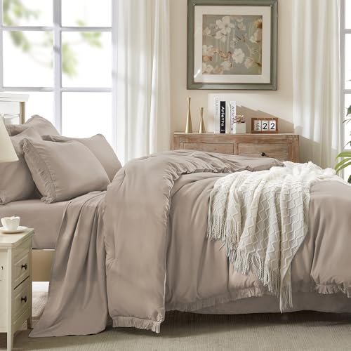 Image of Andency King Size Comforter Set with Sheets Khaki - 7 Pieces Bed in a Bag Boho Soft Lightweight Bedding Sets, Tassel Bed Set with Comforter, Sheets, Pillowcases & Shams