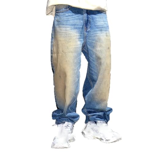 Men’S Vintage High Street Baggy Straight Denim Skateboard Pants Slim Fit Button Fly Distressed Full Length Casual Jeans