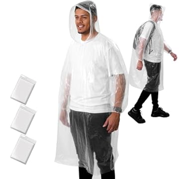 ANYOO Poncho Antipioggia Usa e Getta per Adulti con Cappuccio, 3 Pezzi Poncho Impermeabile Unisex Monouso con Polsini Elasticizzati per Trekking Festival Campeggio Viaggi, Taglia Unica