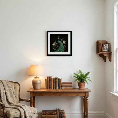 Moonow7 Green Peacock Framed Wall Art Picture – Modern Wildlife Print, Small Vintage Bird Artwork for Living Room Decor, Botanical Zen Painting for Bedroom Gallery Wall, Minimalist Home Decoration, Size 12x12” — view 4