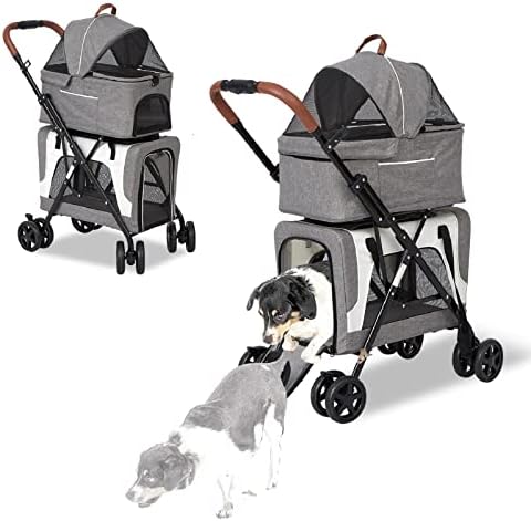 Dog Stroller for Small Pet, Double Cat Stroller - No Zip Dog Strollers for 2 Dogs, 4 in 1 Dog Jogging Stroller with Detachable Carrier, Safety Belt, Removable Liner, Storage Pocket, Grey