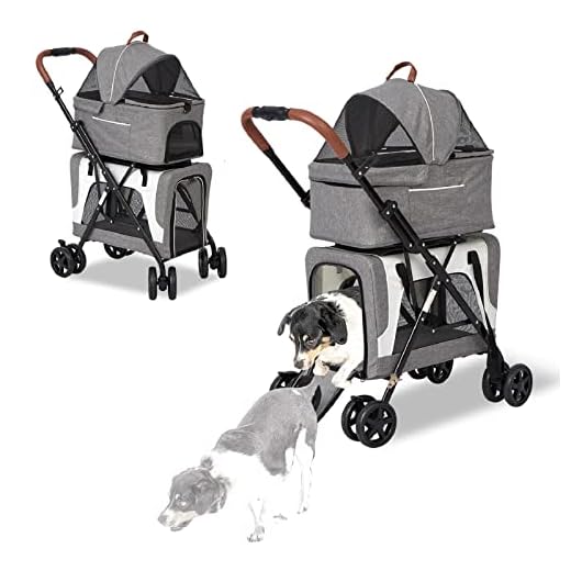 Dog Stroller for Small Pet, Double Cat Stroller - No Zip Dog Strollers for 2 Dogs, 4 in 1 Dog Jogging Stroller with Detachable Carrier, Safety Belt, Removable Liner, Storage Pocket, Grey