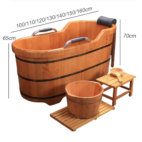 TT-YEC Freistehende Badewanne Aus Natureiche, Tragbare Holzbadewanne Mit Handläufen Und Kopfstütze, Warmwasserbadewanne, Massivholzbadewanne Mit Hocker, Sauna-Spa-Badewanne,L160cm – Bild 8