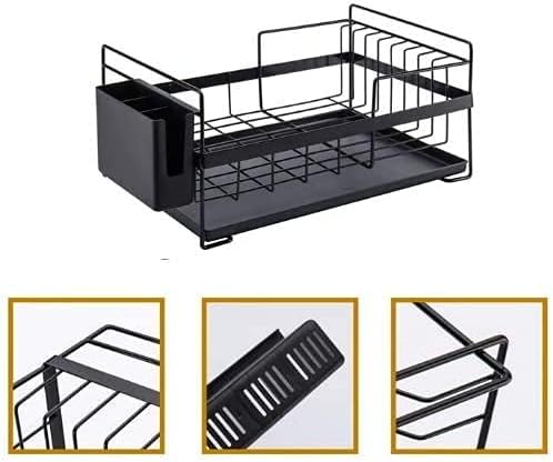 SUNFICON Dish Drainer Dish Drying Rack Kitchen Countertop Dishes Draining Holder Organizer with Drip Tray Cutlery Utensil Holder Heavy Duty Metal RV Studio Small Apartment 18.5x10.83x7.48in,Black