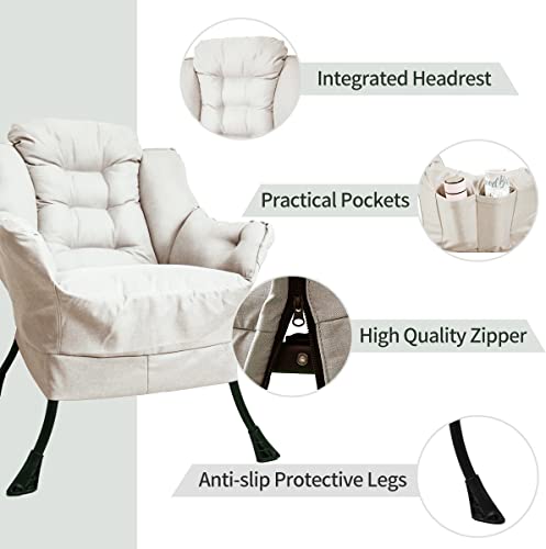 Toysinthebox Accent Armchair Lazy Chair For Bedroom & Living Room, Modern Contemporary Design, Soft Leisure Chair, Chaise Lounge With Two Side Pockets And Steel Frame, Support Up To 500 Lbs (White) #TOP3