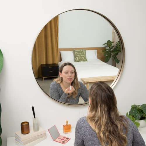 Hamilton Hills 35 Inch Large Gold Round Mirror Brushed Metal Framed | Contemporary Classic Deep Set Design | Wall Mount Circle Mirror For Home Decor | Round Vanity Mirror For Bathroom And Bedroom #TOP1