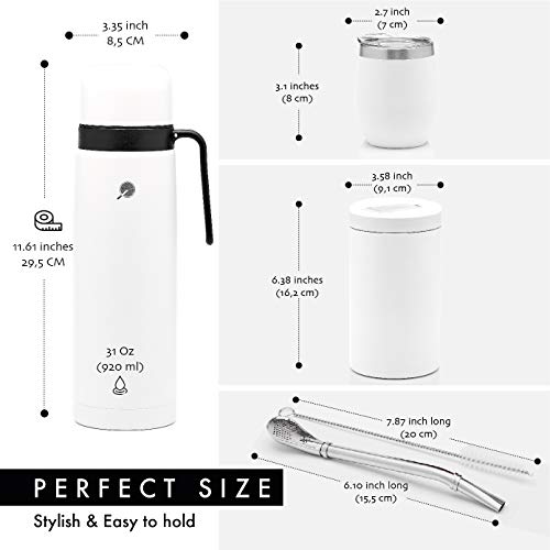 BALIBETOV Yerba Mate Bekerset - Moderne Yerba Mate Kalebas, Thermoskan, Yerba Mate-Container (Yerbero), Bombilla (Mate-Rietje) en Reinigingsborstel - 304 18/8 Roestvrij Staal (Wit) - Image 4