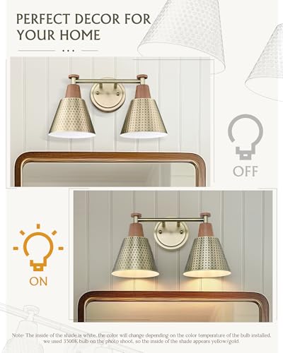 Image of FEMILA 2 Light Bathroom Vanity Light Fixtures Over Mirror, Modern Brass Gold Bathroom Lighting Fixtures with Metal Shades, Woodgrain Finish, 4FG59B-2W BG-NW