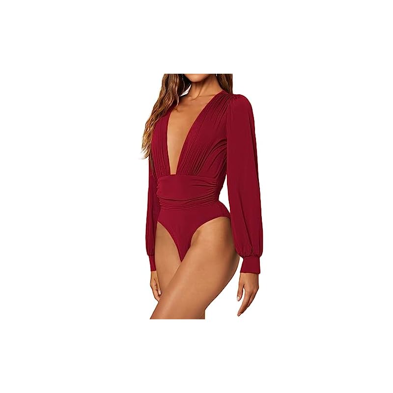 Hilinker-Womens-Deep-V-Neck-Long-Sleeve-Sexy-Ruched-Leotard-Jumpsuit-Bodysuit-Tops-Wine-Red-Large